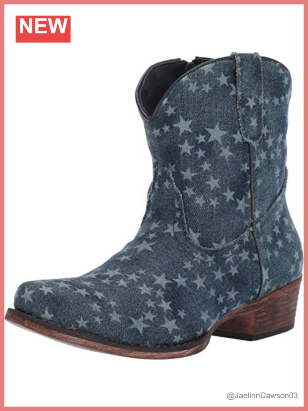Merica Denim Ankle Boots Snip Toe Textile Faux Leather Low Block Heel